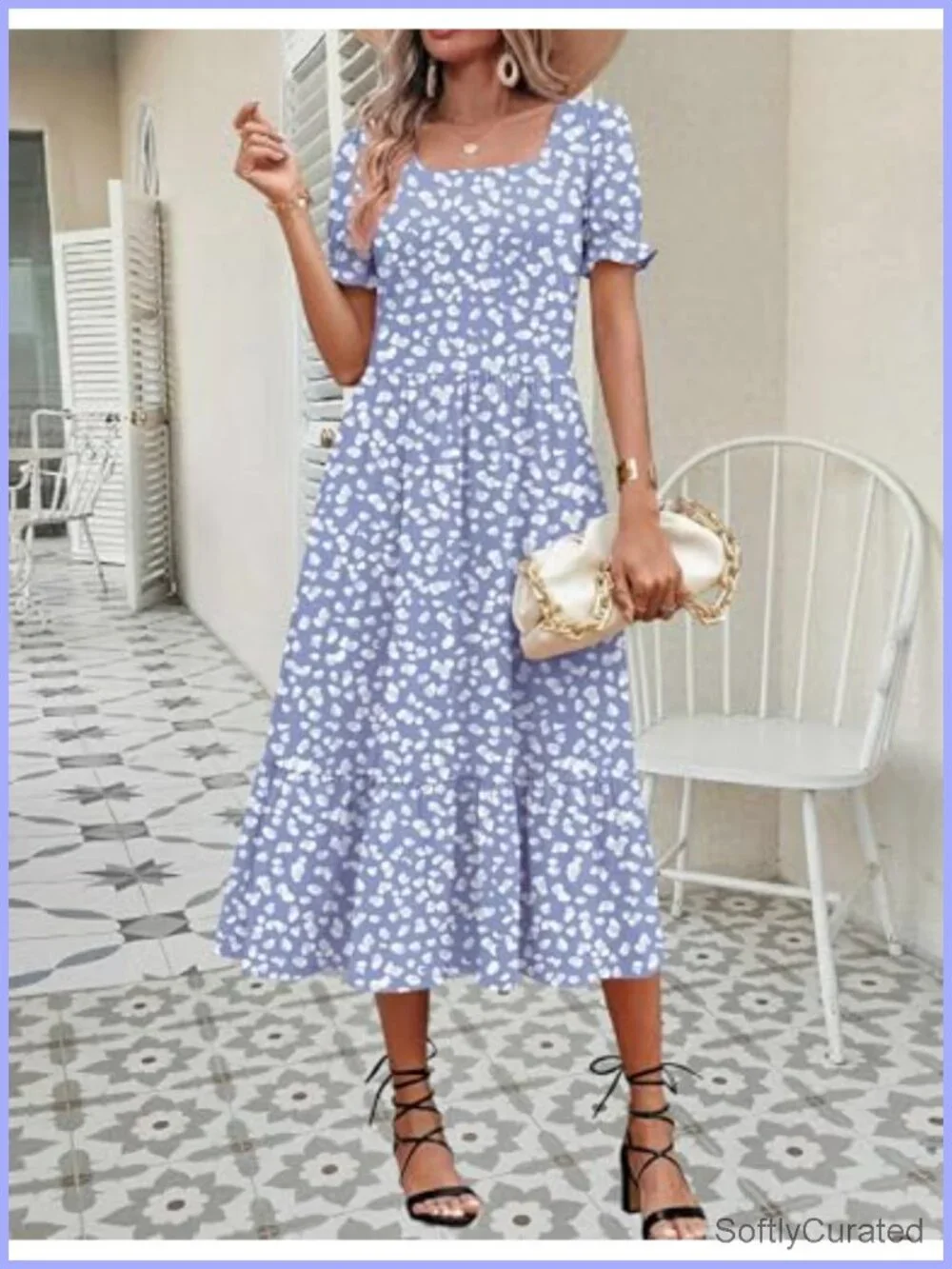 Flowy Midi Dress with Pockets Tiered Swing Short Sleeve